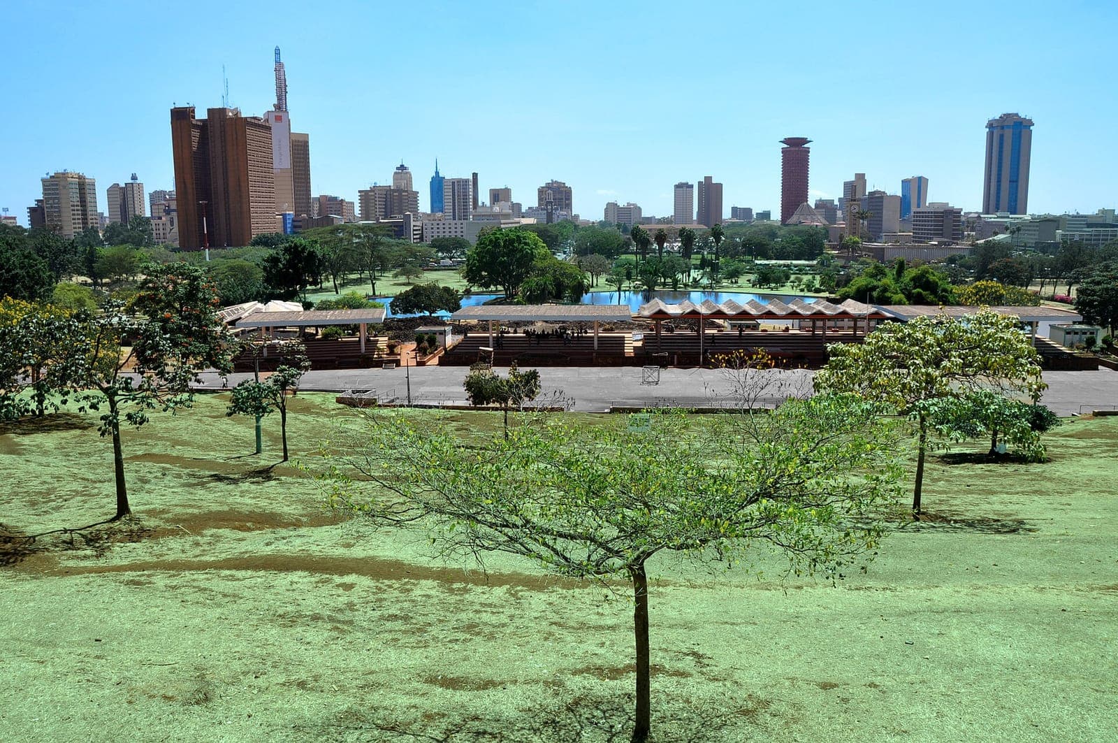 Nairobi's city skyline seen across Uhuru Park